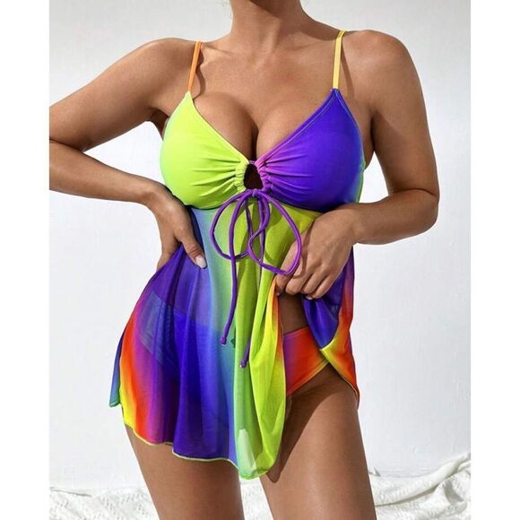 Y2K Rainbow Ombre Mermaidcore Cosplay Drawstring Bikini Cami Swimsuit Set - Picture 8 of 11